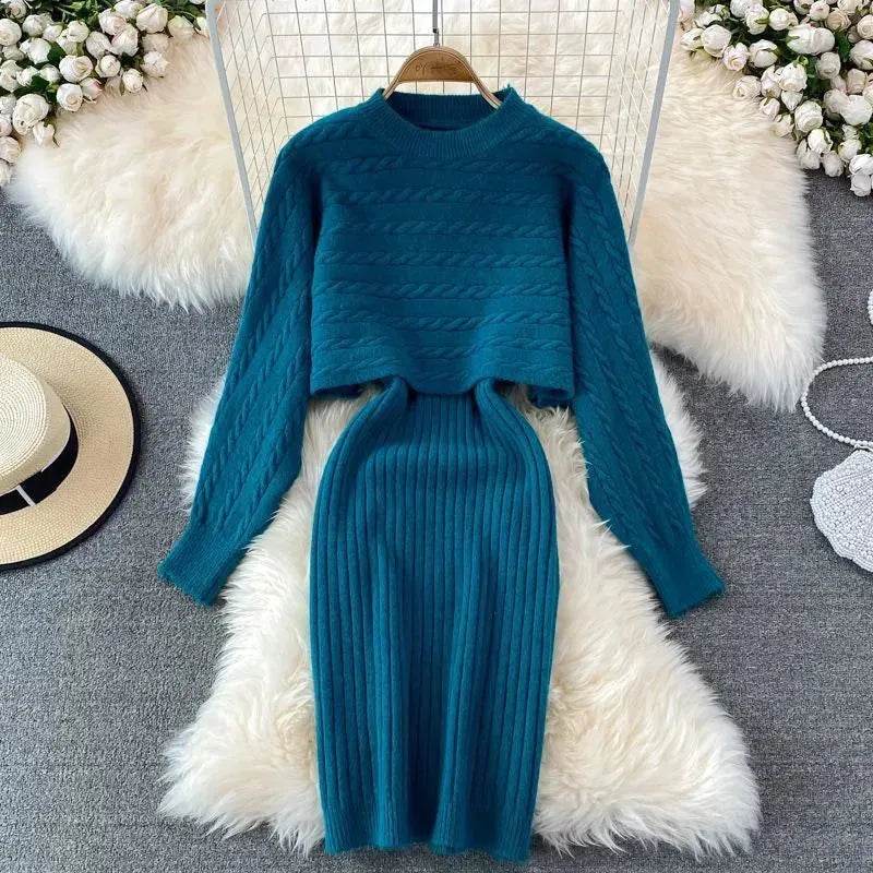 Autumn Winter Sassy Woolen Knitted Two Piece Midi Sweater Dress Outfit set - EX-STOCK Canada