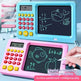 Colorful educational machine with digital display and buttons, featuring arithmetic problems and drawings.
