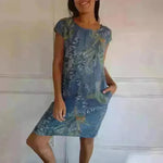 Casual Floral Printed Straight Dress Summer Loose Round Neck Short Sleeve Midi Dresses Womens Clothing - EX-STOCK CANADA