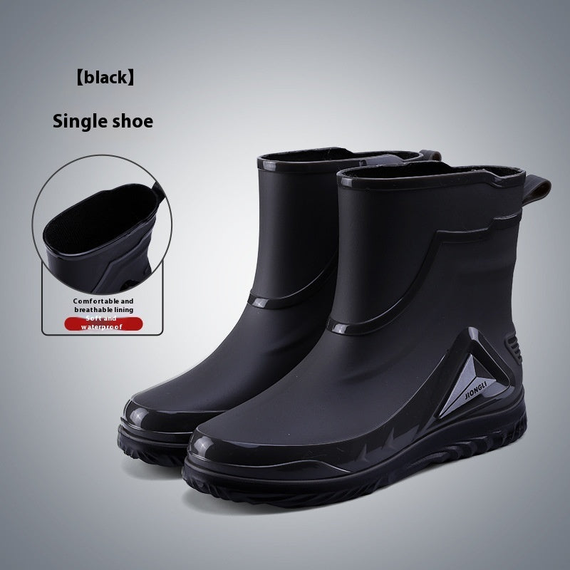 Black rain boots with a close-up inset on a gray background