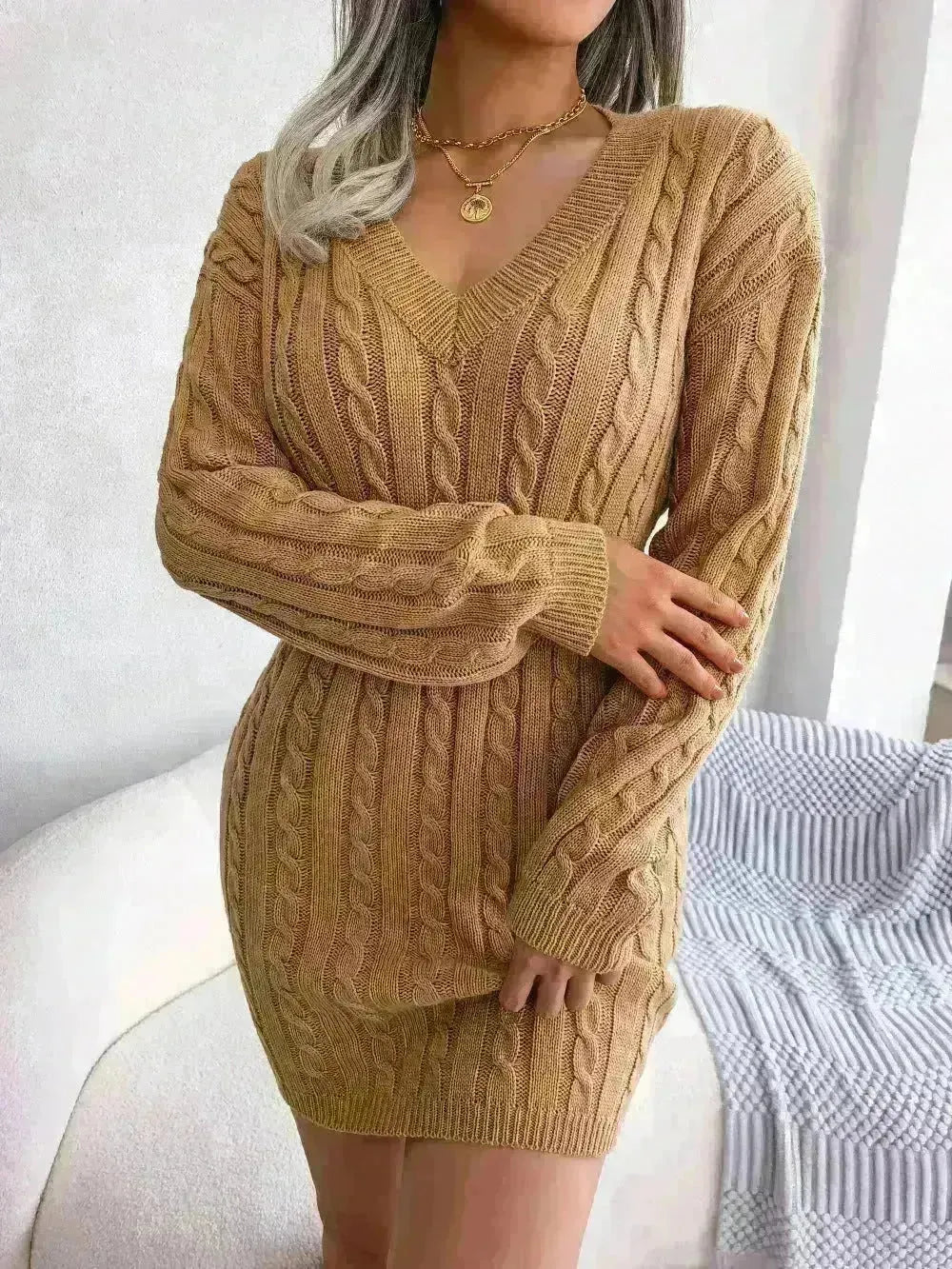 Solid Color V-Neck Long Sleeve Slim fit Winter Knit Mini  sweater Dress Slim - EX-STOCK CANADA