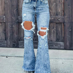 Blue Denim Ripped Flare Jeans pant for Women Raw Hem Pant - EX-STOCK CANADA