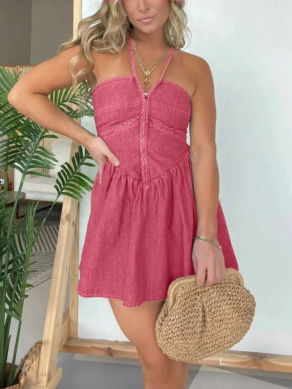 Fashion Women's Halter Denim Mini Flared Dress - EX-STOCK CANADA
