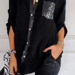 Casual Button-down Long Sleeve Shirt With Sequin Pocket Design Fashion Commuter Top Women Clothing - EX-STOCK CANADA