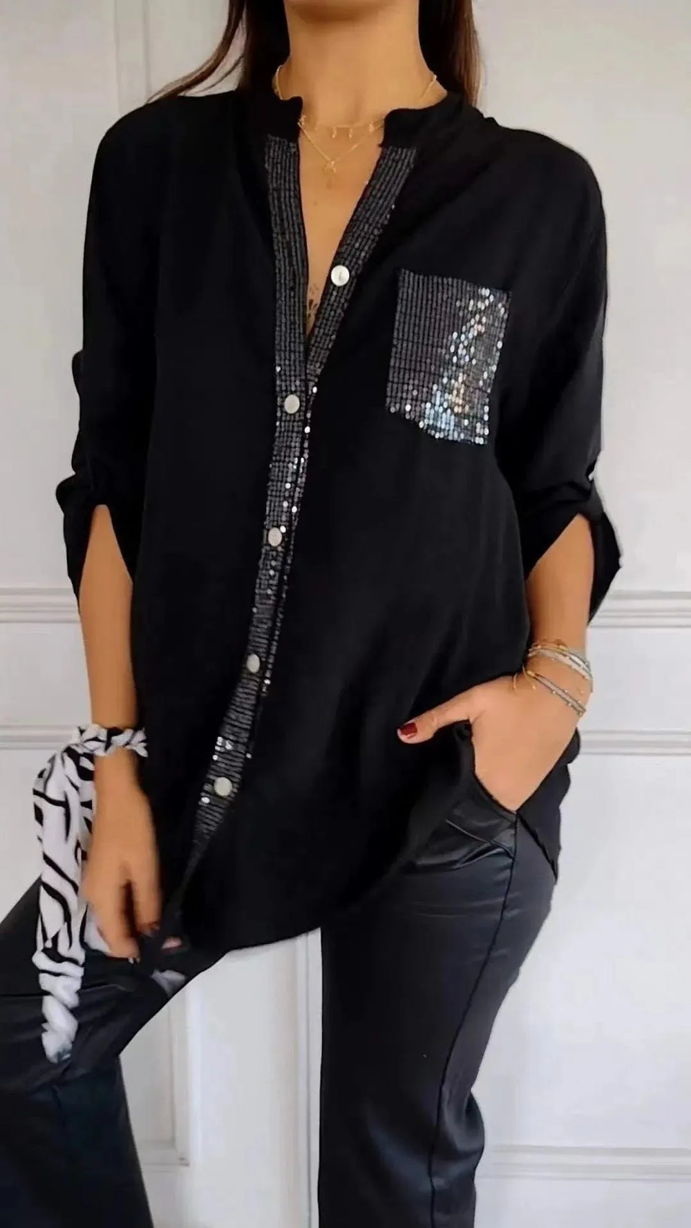 Casual Button-down Long Sleeve Shirt With Sequin Pocket Design Fashion Commuter Top Women Clothing - EX-STOCK CANADA
