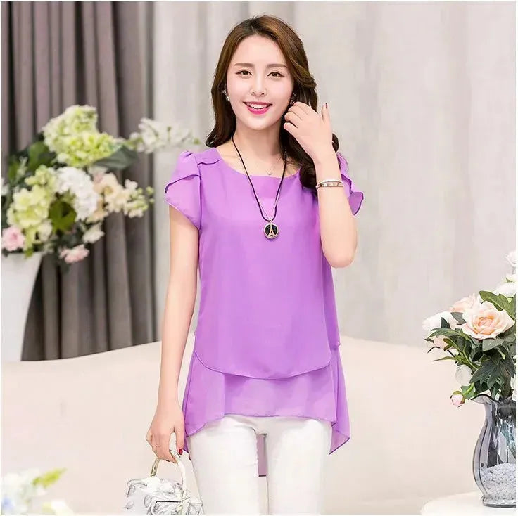 New Spring Summer Women Chiffon Loose Blouse  top O-Neck Short sleeve Plus size - EX-STOCK CANADA