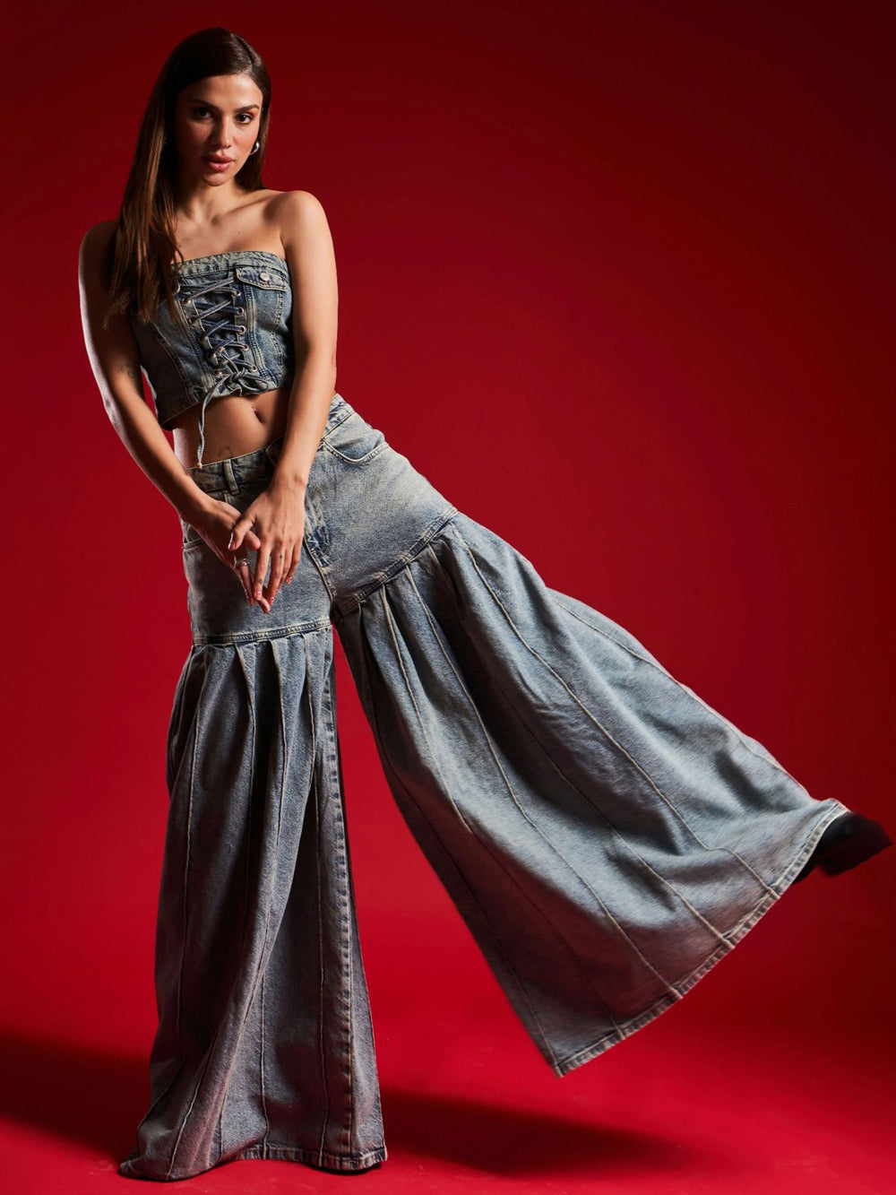 Strapless Denim Lace-Up Corset Crop Top & Balloon Wide-Leg Pants Set – Washed Blue Denim | Sizes S–2XL