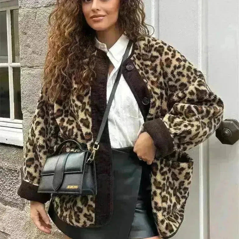 Casual Fall Winter Leopard Button Plece Plush Cardigan Giacca per donne