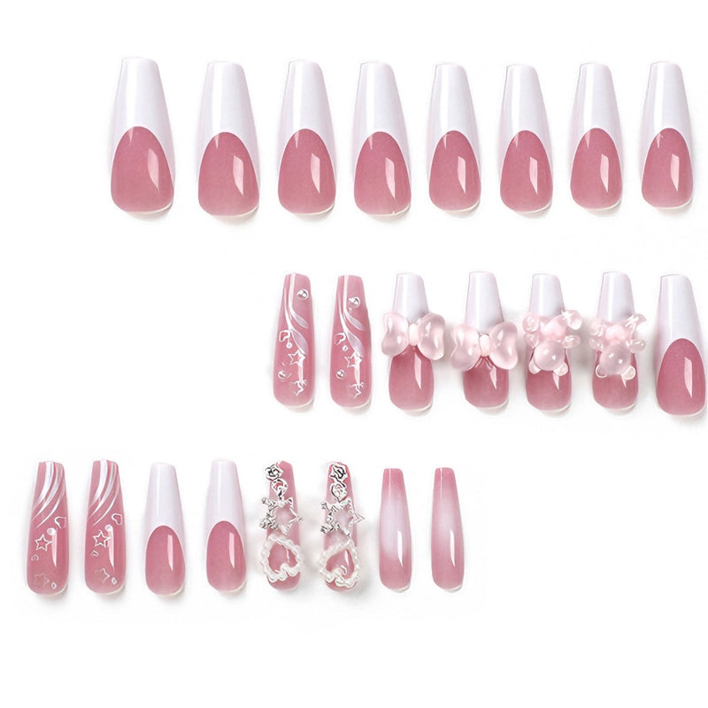24 PCS Bear Bowbowknot Nail Art, Long Length Long Water Pipe Fake Nails,Square Head Nail Tips False Nail EX-STOCK Canada 
