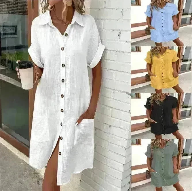 Womens Button Down Shirt Dress Summer Cotton Linen Dress V-Neck Mini Dress Casual Short Sleeve Loose Tunic Dresses - EX-STOCK CANADA