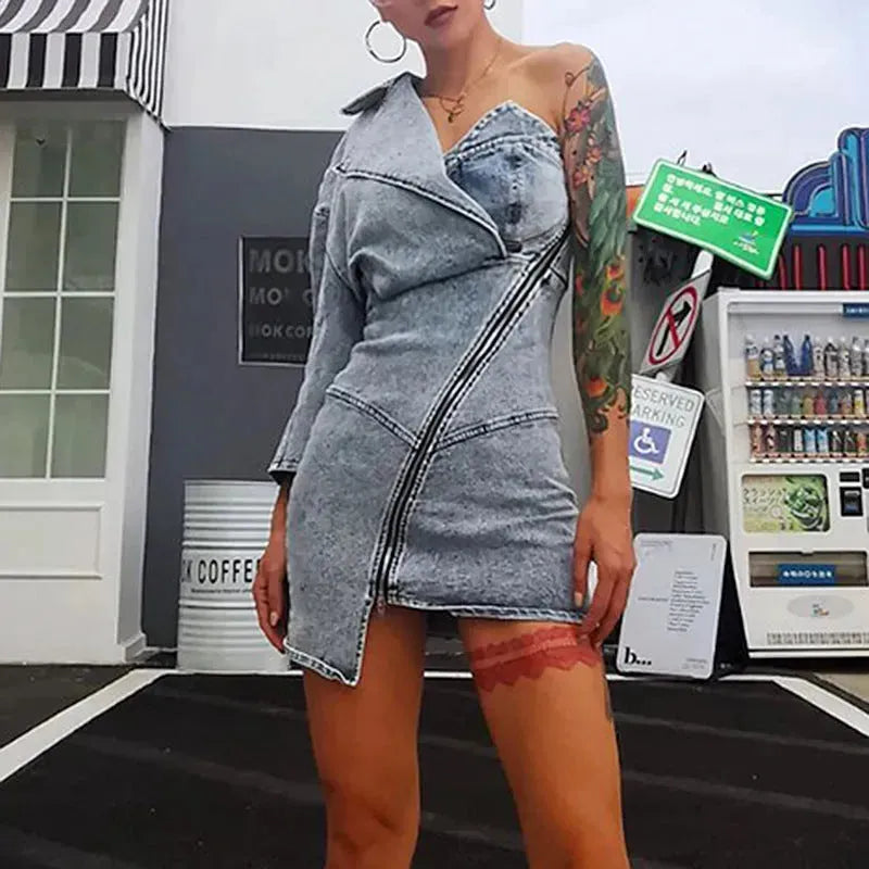 Street Fashion One shoulder Denim Mini Jeans hip dress - EX-STOCK CANADA