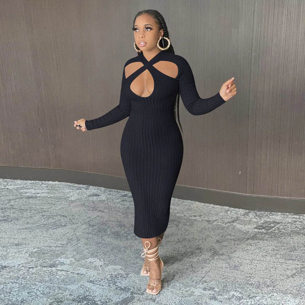 Chic V-neck Long Sleeve Midi Party Club Bodycon Pencil Dress - EX-STOCK Canada