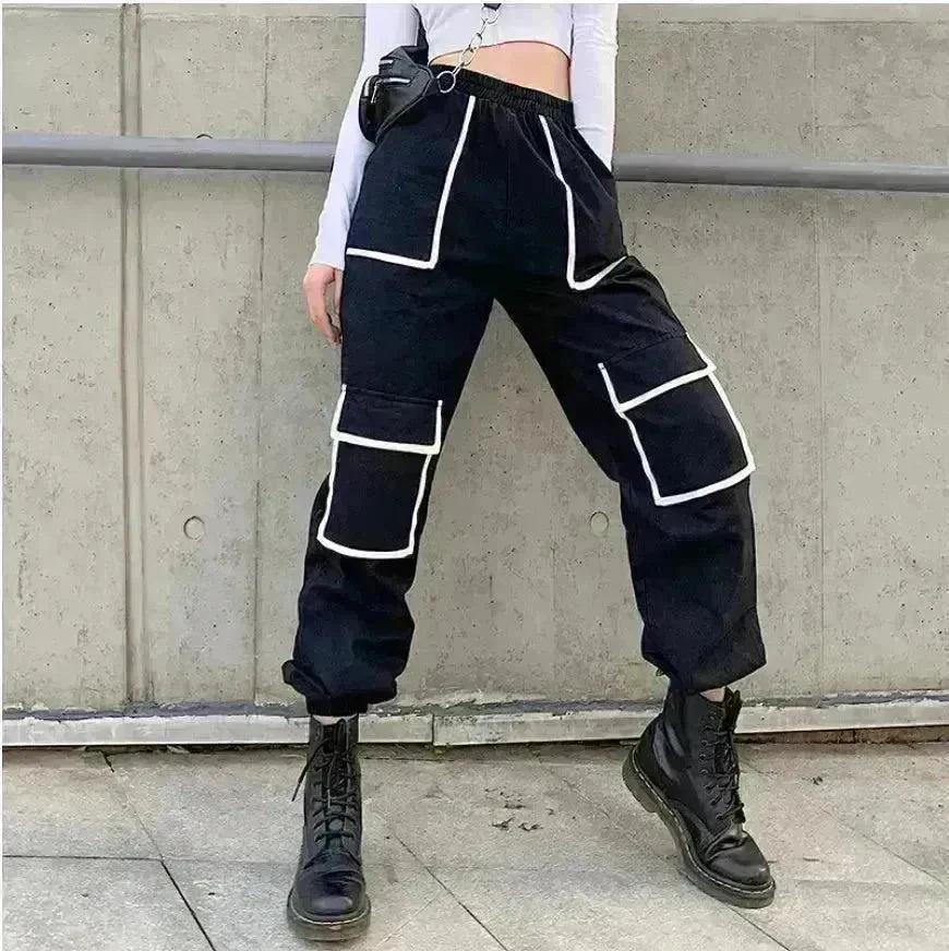 White Stripe Cargo Pants Women Trousers Pockets Patchwork Contrast Color High Waist Pants Hip Hop Capris - EX-STOCK CANADA