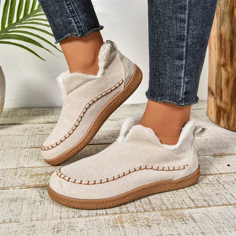 Fashion V-cut Plush Ankle Boots Winter Plus Velvet Flat Snow Boot Casual Warm Solid Suede Cotton Shoes For Women - EX-STOCK Canada