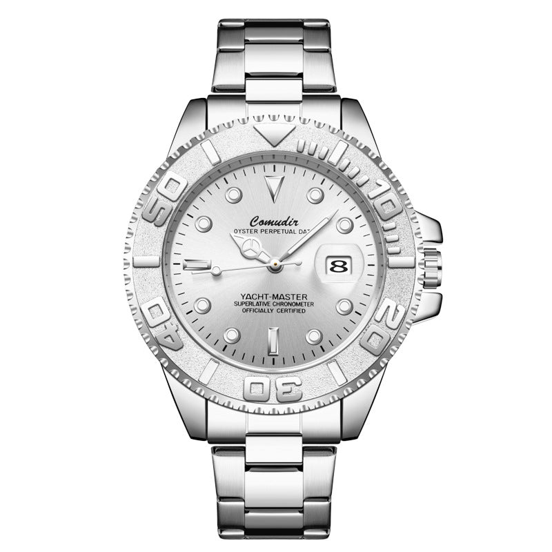 Silver wristwatch with detailed face on a white background