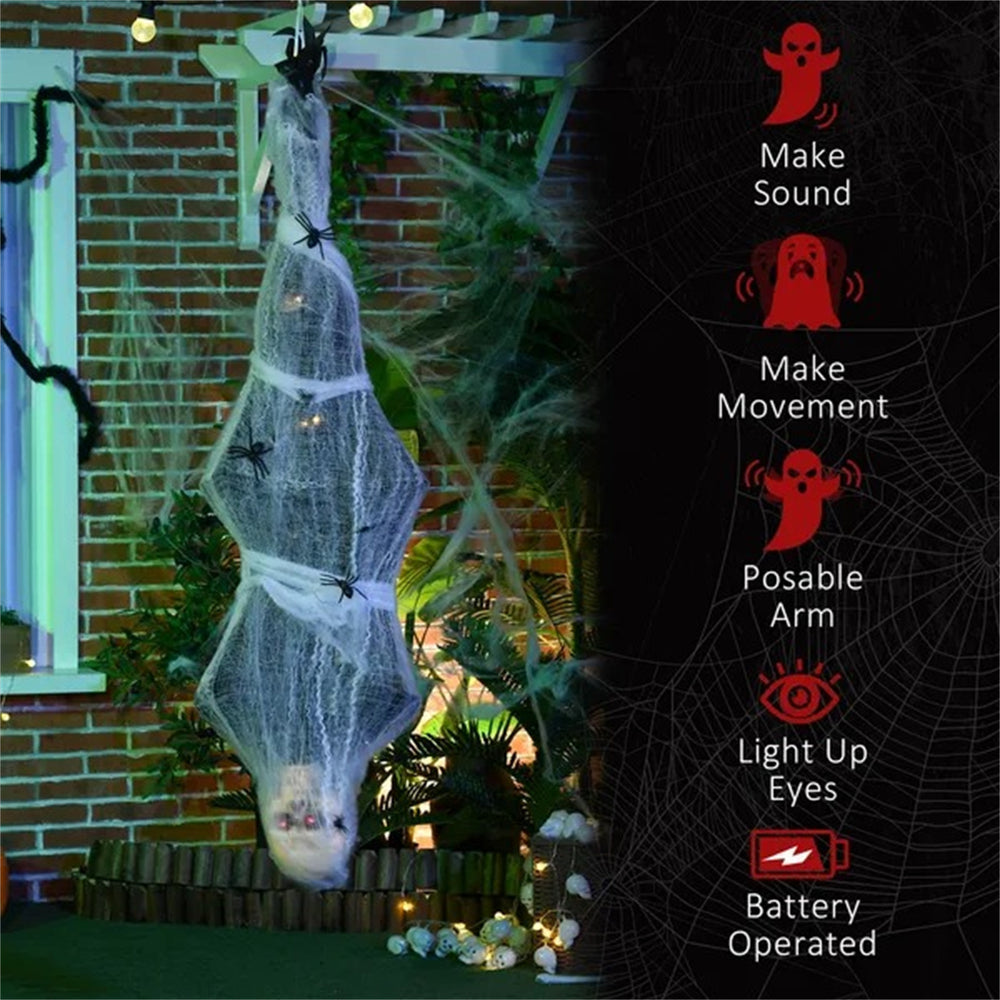 55.9 Inch4.7ft Life Size Outdoor Halloween Decoration Hanging Mummy With Spider Web, Animated Prop Decor With Sound And Motion Activated, Light Up Eyes, Creepy Sound EX-STOCK Canada 