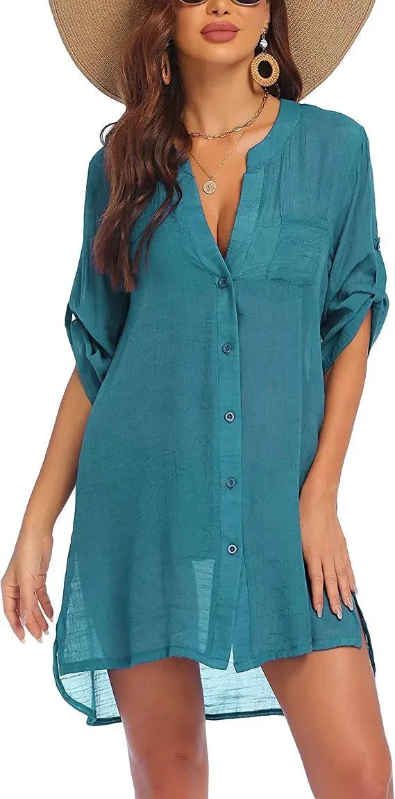 European And American Sun Protection Women Beach Linen Shirt dress - EX-STOCK CANADA