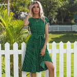Summer Women Polka Dot Short Sleeve Dress Casual Pleated Midi Dresses Elegant Green Office Lady Clothing - EX-STOCK CANADA