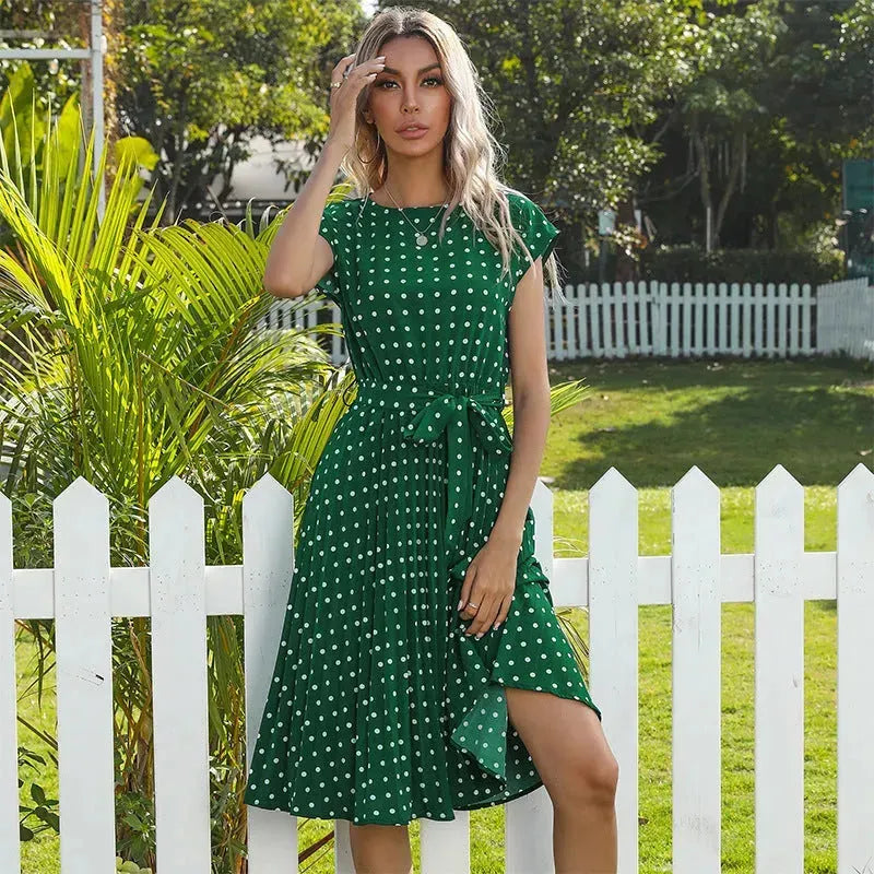 Summer Women Polka Dot Short Sleeve Dress Casual Pleated Midi Dresses Elegant Green Office Lady Clothing - EX-STOCK CANADA