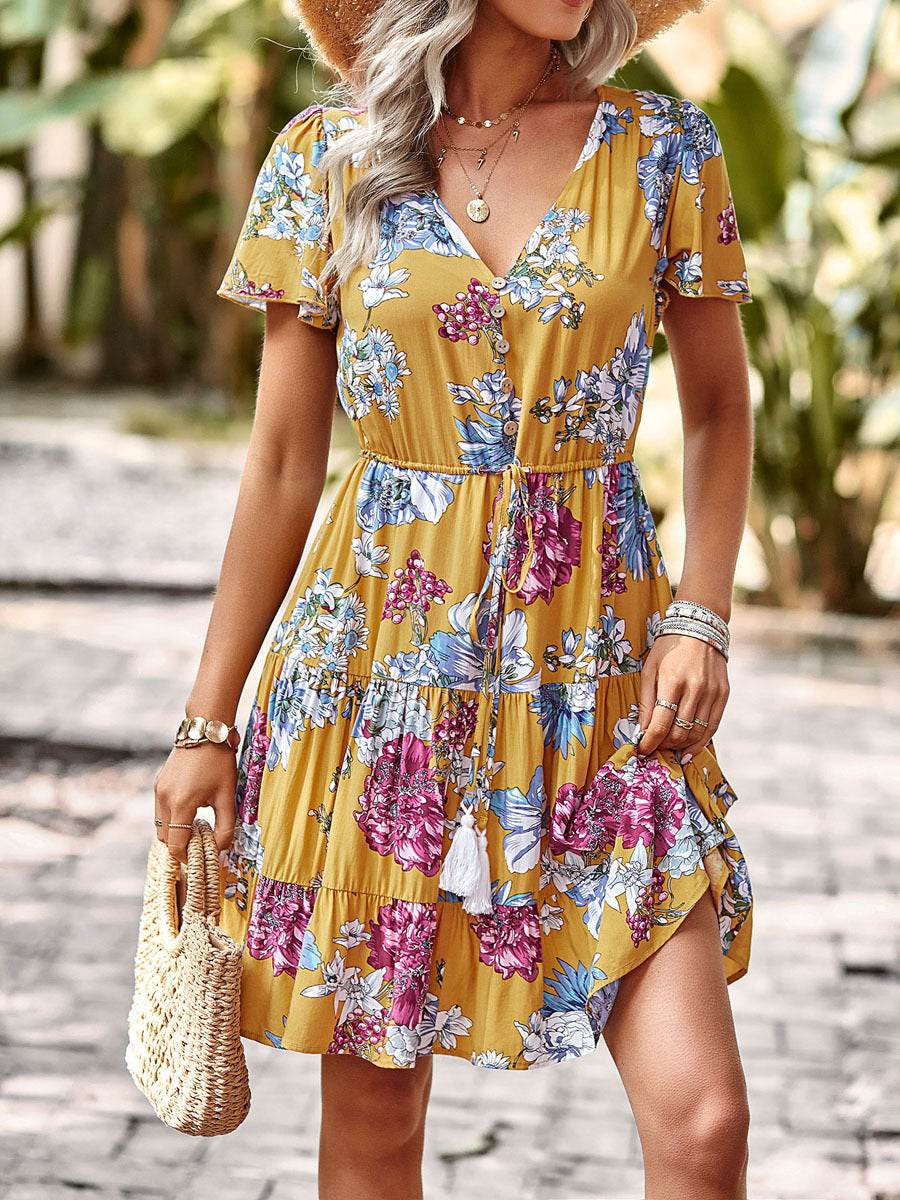 Women Casual floral summer dress Printed V-neck short sleeve Mini Dress - EX-STOCK Canada