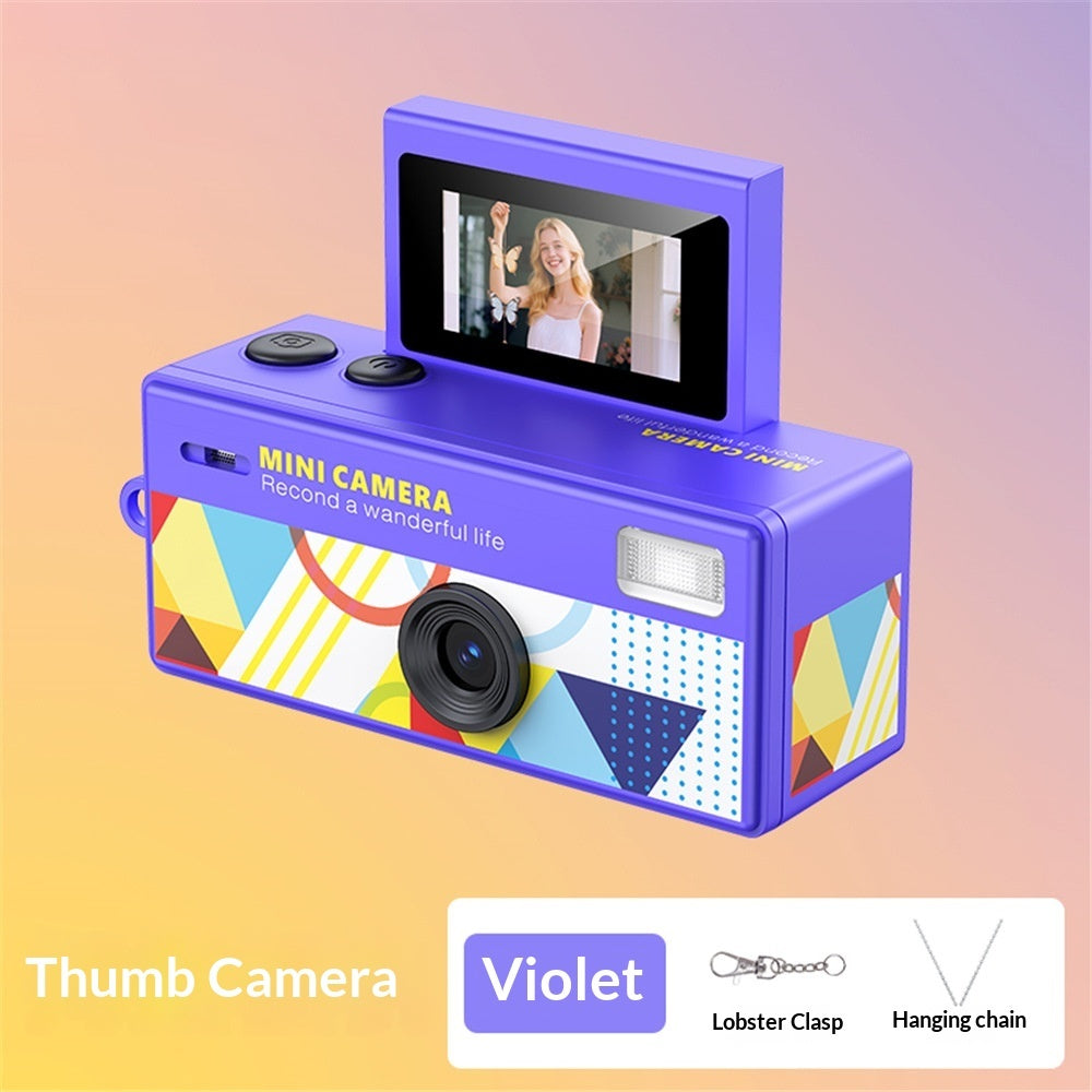 Colorful mini camera with geometric design on a gradient background