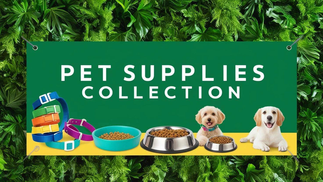 Banner advertising 'Pet Supplies Collection' with images of pet products and two dogs on a green leafy background.