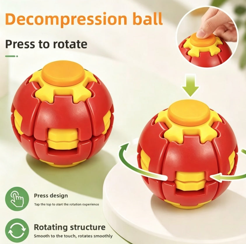 A red and yellow decompression ball toy shown on a light background with text and arrows explaining how to press and rotate it. A small inset at the top right shows a hand pressing the top of the ball.
