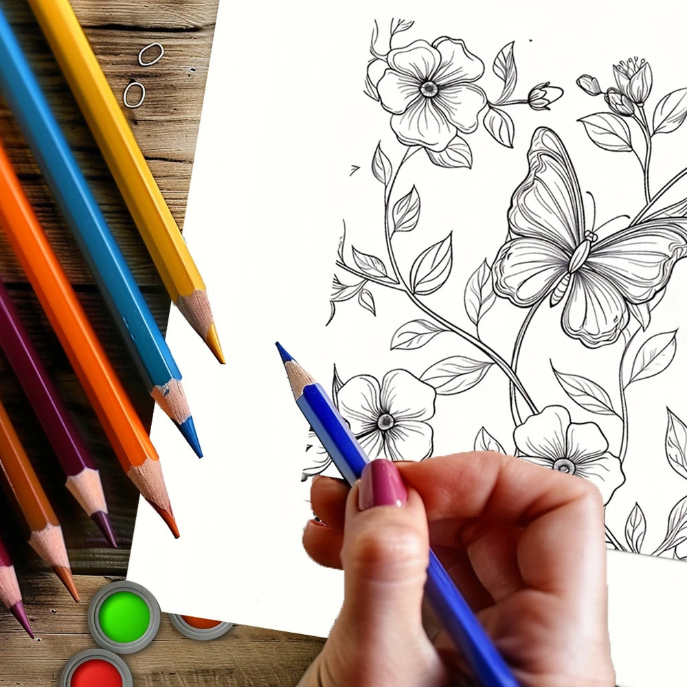 Coloring book with butterfly and flowers on a wooden surface with colored pencils and paint.