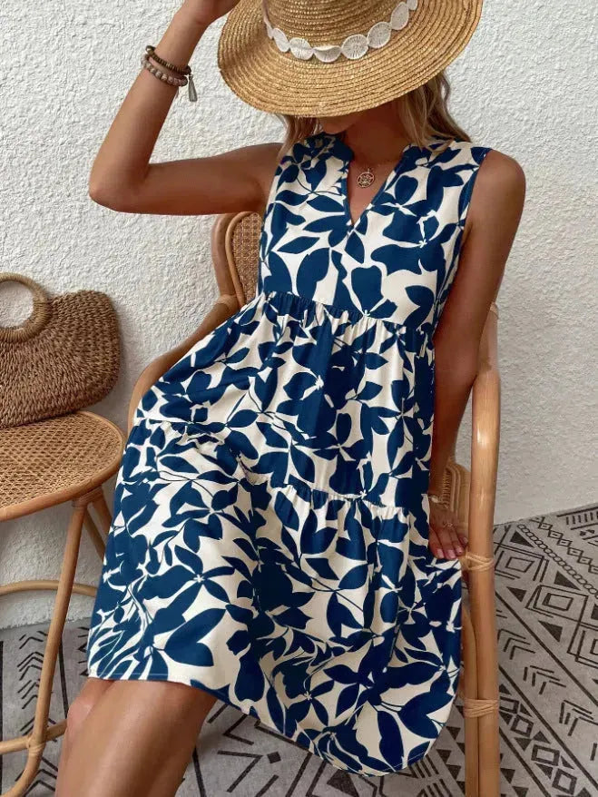 Bohemian Dresses Summer Beach Fashion Loose V-neck Pleated Print Sleeveless Dress For Women - EX-STOCK CANADA