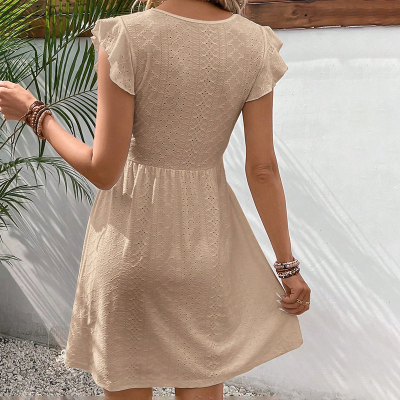 Women's V Neck Lace Mini Dresses Casual Summer Ruffle Sleeve Crochet Sundresses EX-STOCK