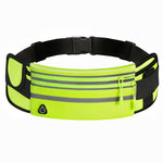 Neon green waist bag with reflective stripes on a white background