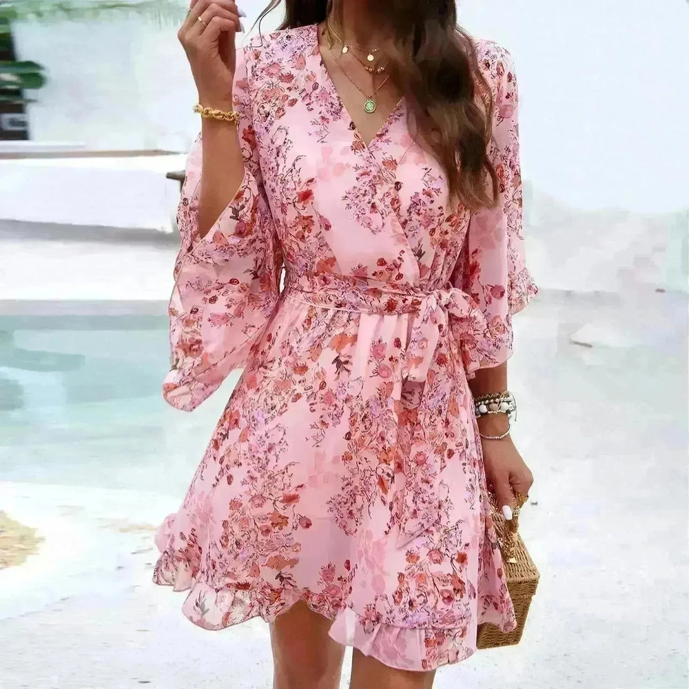 Casual Summer Chiffon Floral Print Short Sleeves Dress Lace Up Ruffles Design Fashion V-neck Short Mini Dresses Womens Clothing - EX-STOCK CANADA