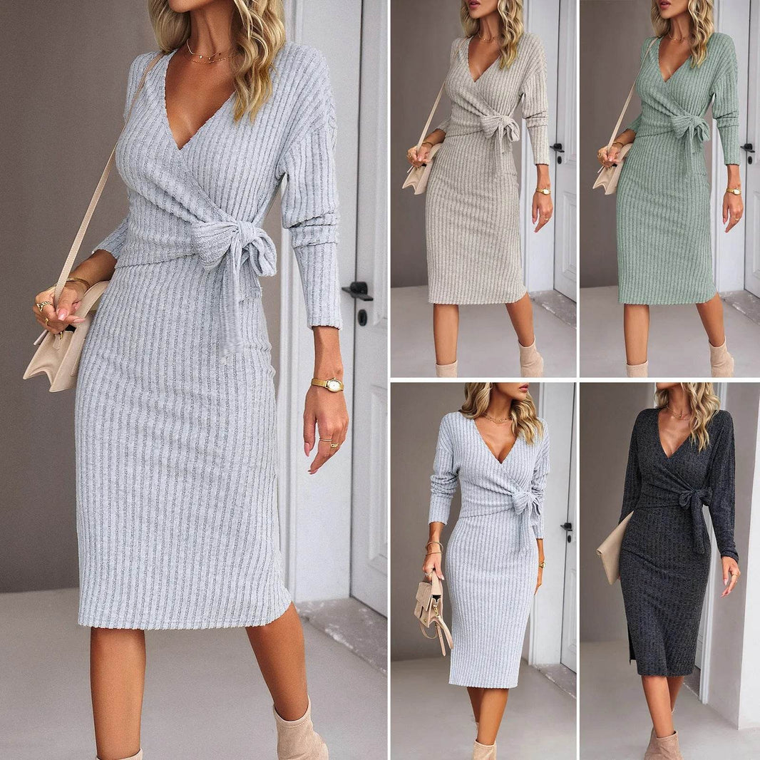 Autumn And Winter V-neck Long Sleeve Knitted sweater Wrap Dress - EX-STOCK Canada