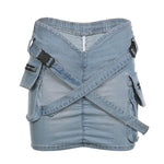 Cross School Bag Buckle V-shaped Waist Workwear Denim Mini Cargo Skirt - EX-STOCK Canada