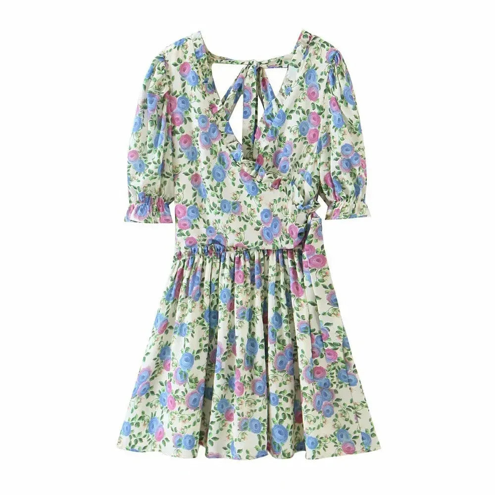 Women Summer Green Floral Chiffon Dresses Holiday Puff Short Sleeve V-Neck Back Lace Up Design Wrap One Piece Dress - EX-STOCK CANADA