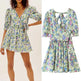 Women Summer Green Floral Chiffon Dresses Holiday Puff Short Sleeve V-Neck Back Lace Up Design Wrap One Piece Dress - EX-STOCK CANADA