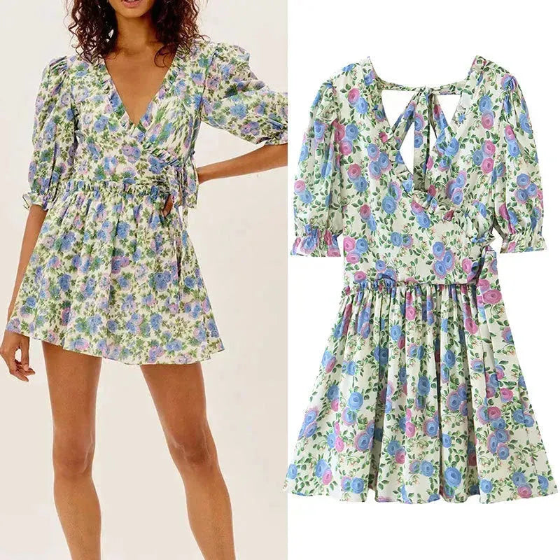 Women Summer Green Floral Chiffon Dresses Holiday Puff Short Sleeve V-Neck Back Lace Up Design Wrap One Piece Dress - EX-STOCK CANADA
