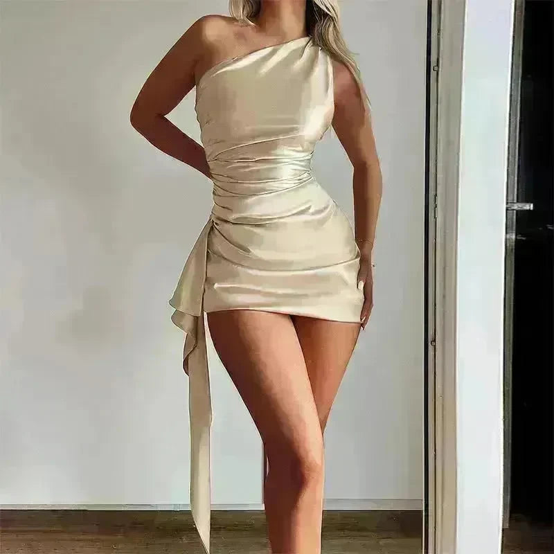 One-shoulder Sleeveless Mini Dress Charming Slim Backless Party Wedding Satin Dresses Womens Clothing - EX-STOCK CANADA