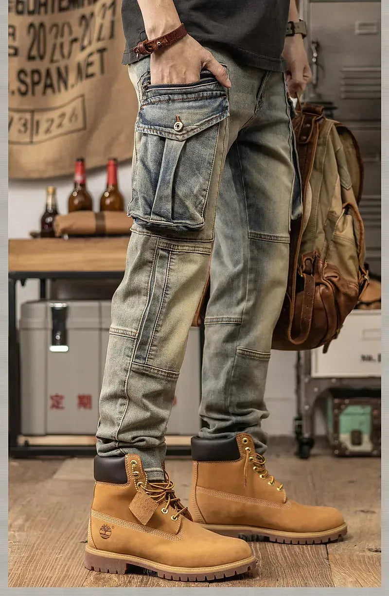 Sprin Autumn Retro Slim Fit Straight Leg Casual Distressed Denim Jeans Cargo Pant Men - EX-STOCK CANADA
