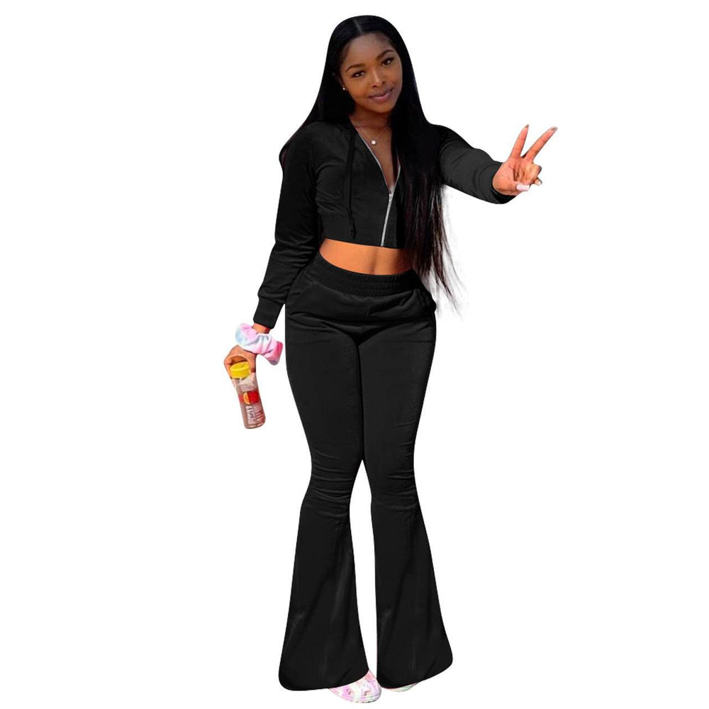 Women 2pcs Velvet Hoodie Wide leg Pant Crop top sweatsuit Athleisure Outfit - EX-STOCK Canada