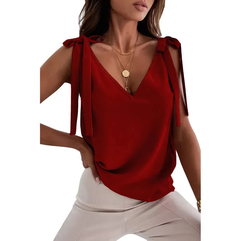 Bowknot Tie Up V-neck top Women Summer Sleeveless Blouse Tops - EX-STOCK CANADA