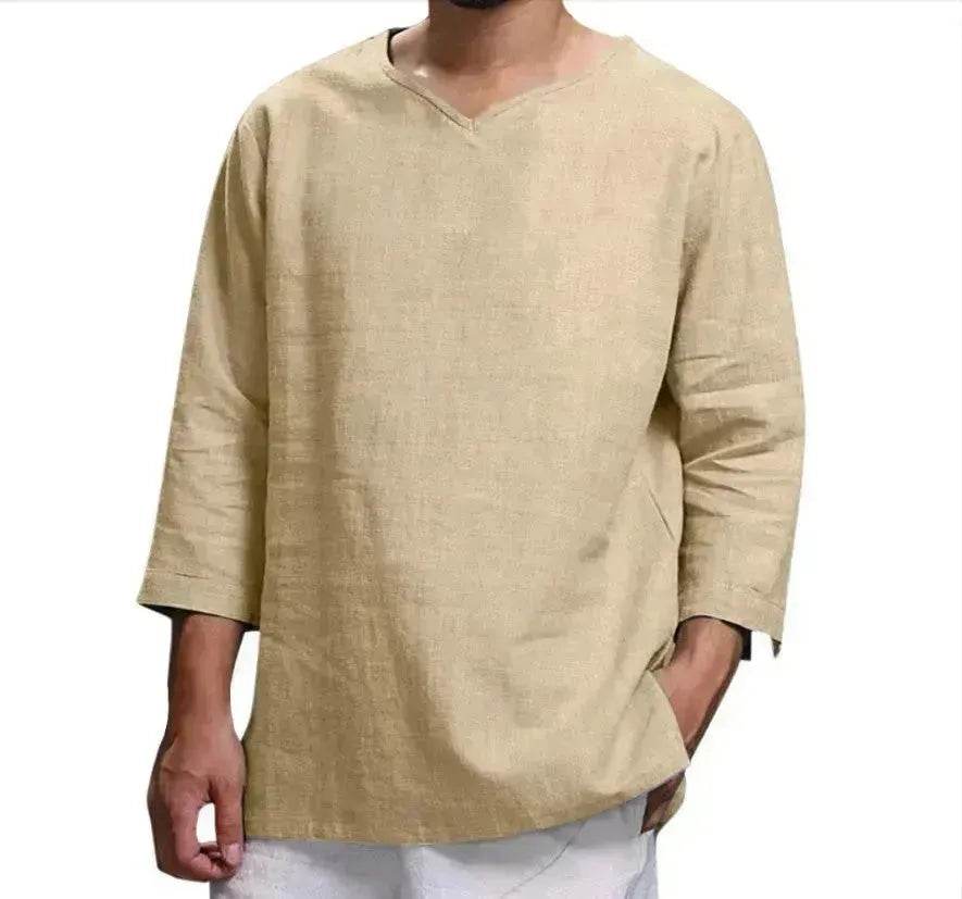 Loose Casual V-neck Top Cotton And Linen Long Sleeve Pullover Shirt Men's Shirt Top - EX-STOCK Canada