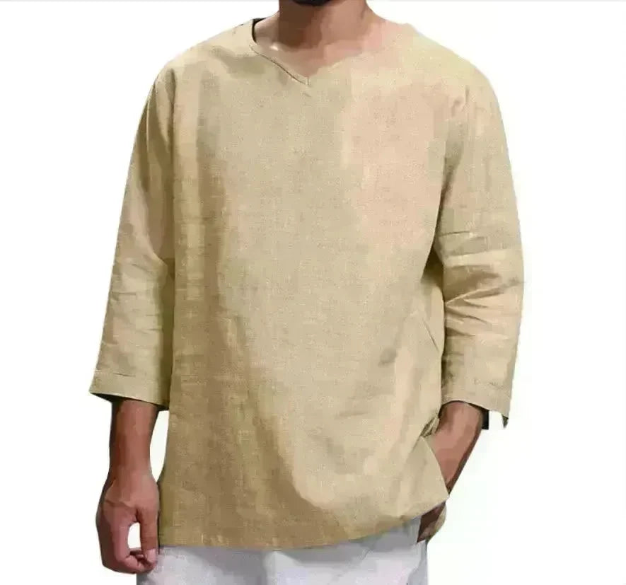 Loose Casual V-neck Top Cotton And Linen Long Sleeve Pullover Shirt Men's Shirt Top - EX-STOCK CANADA