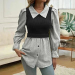Women's Casual Contrast Color Stitching  Long Sleeve Collar Ladies Evening Top - EX-STOCK CANADA