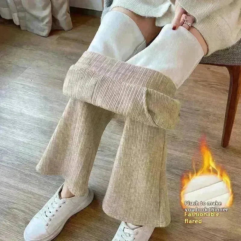 All-matching Straight Casual Fleece And Thick Slightly Flared Wide-leg trouser Pants For Women - EX-STOCK CANADA