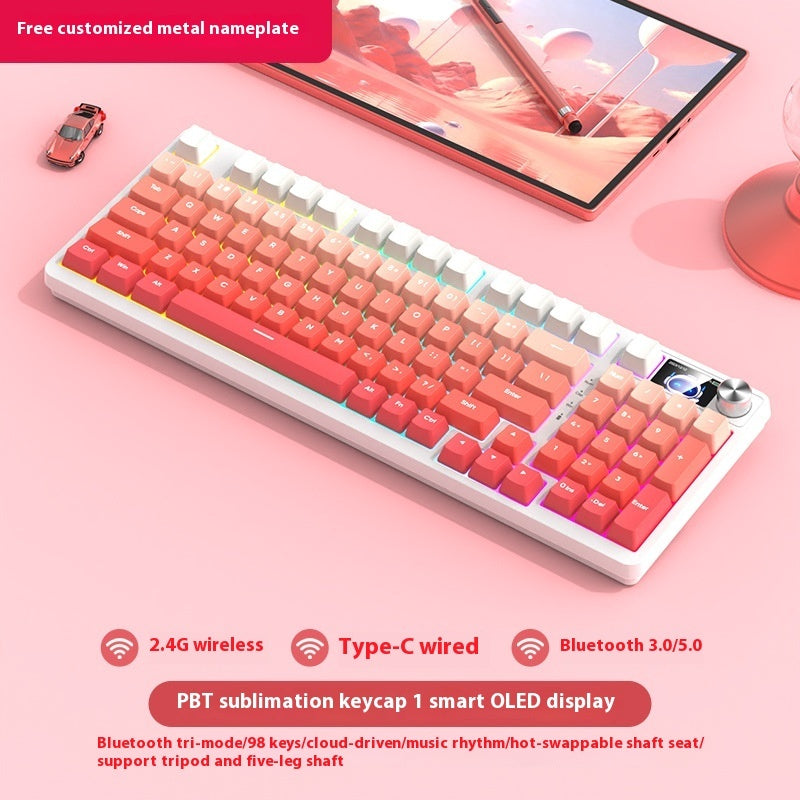 Keyboard with gradient keys on a pink background, featuring text about connectivity options and features.