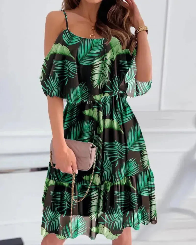 Flower Printed Ruffled Suspender Dress Summer Off-the-shoulder Strap Dresses Women - EX-STOCK CANADA