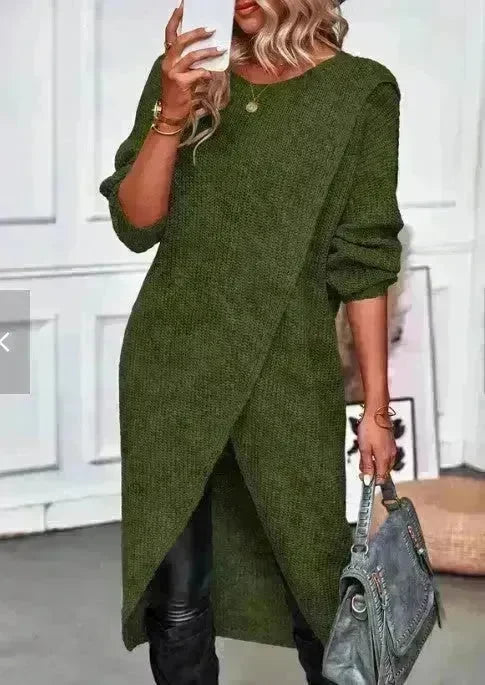 Front Split Winter Sweater Mini Tunic Dress - EX-STOCK CANADA
