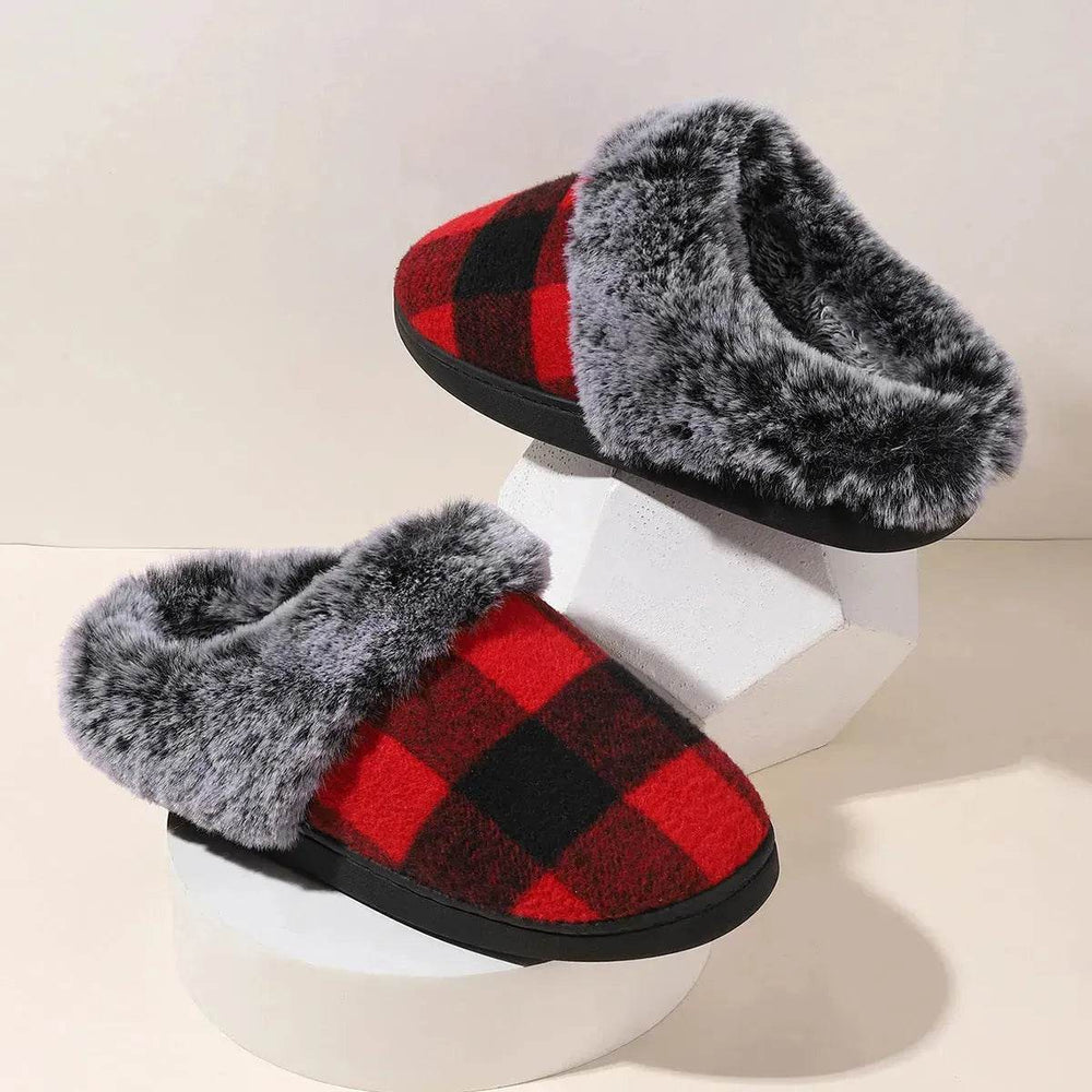 Winter Warm Plaid Plush Slippers Home Indoor Non-slip Bedroom Floor Soft Fuzzy Slipper For Couple Fashion Solid House Shoes - EX-STOCK Canada
