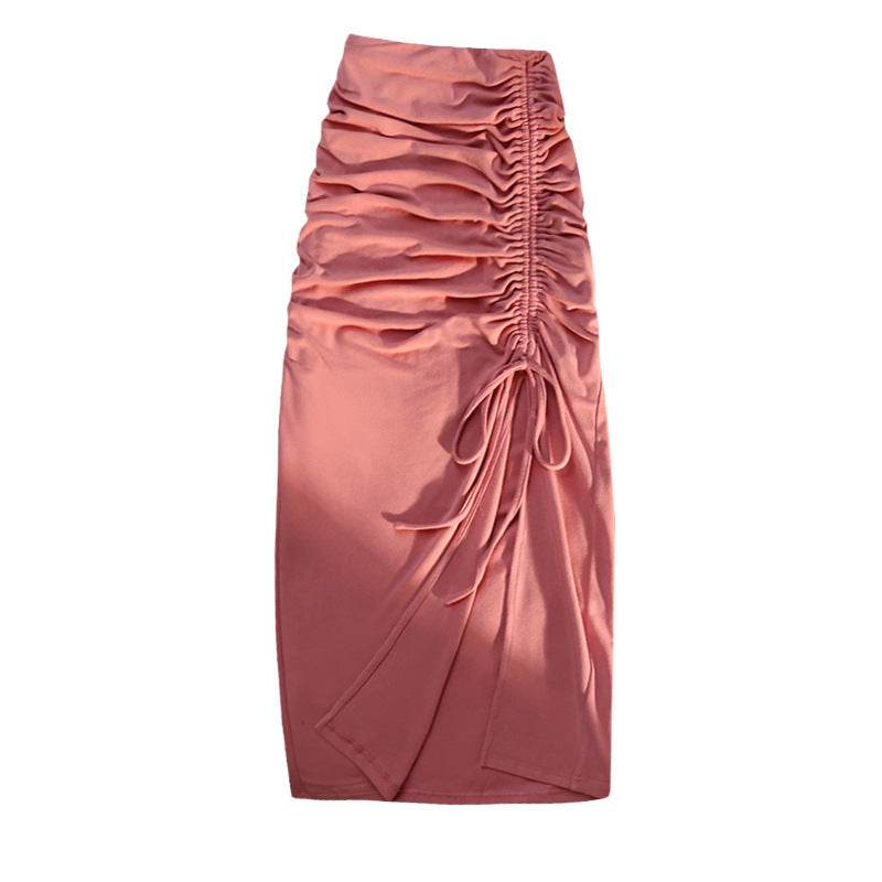 Women's drawstring Side Slit Pleated Hip Midi Skirt - EX-STOCK Canada